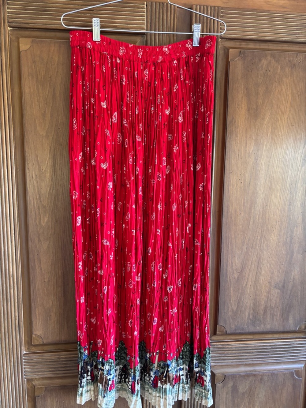 Red Pleated Maxi Skirt with Bandana Print and Western Scene at the Bottom